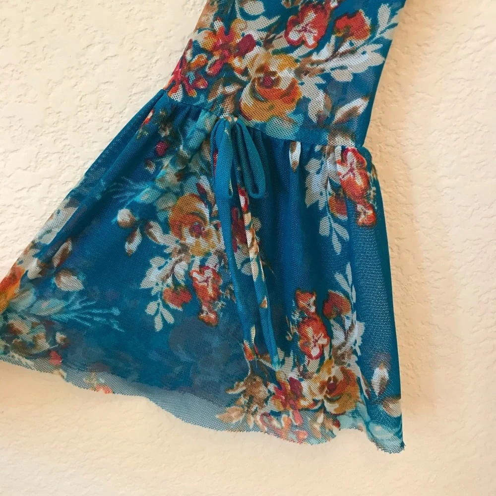 Coquette Bell Sleeve Blue Floral Top Kids Size Large 14 Cottage Fairy Girly